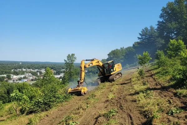 Excavator performing site preparation on a steep, grassy hill in Lancaster, Ohio.