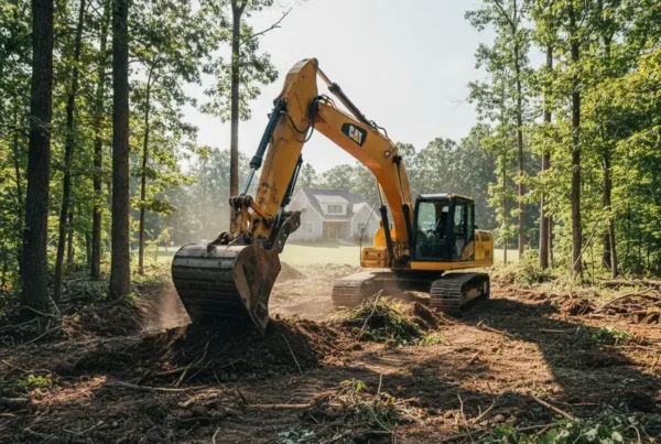 Excavator clearing a wooded residential lot in Ostrander, Ohio for new construction site preparation.