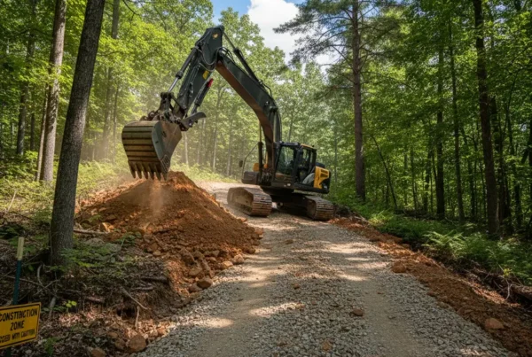 Excavator grading a steep gravel driveway on a wooded hillside in Fairfield County, Ohio.
