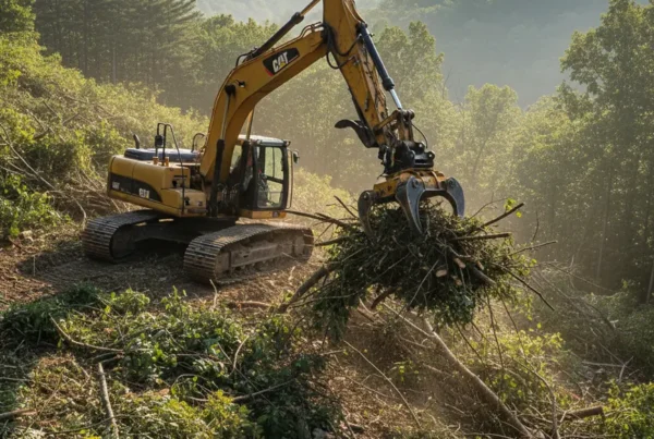 Excavator with grapple attachment clearing trees on a steep hillside in Lancaster, Ohio.