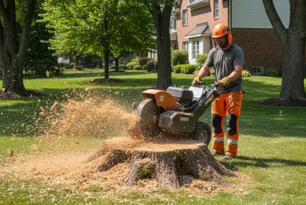 Professional stump grinding machine removing a large tree stump from a residential backyard lawn.