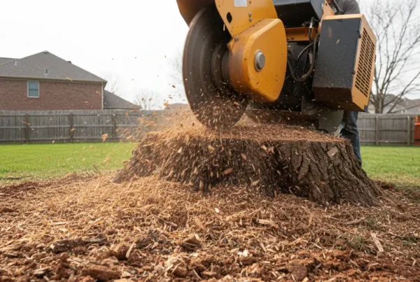 Professional stump grinder machine removing a large tree stump from a clay soil backyard.