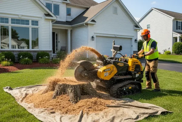 Professional stump grinder machine removing a tree stump in a Delaware County, Ohio yard.