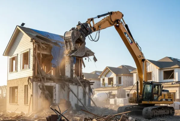 Excavator demolishing a house in a suburban Delaware County, Ohio neighborhood with new construction nearby.