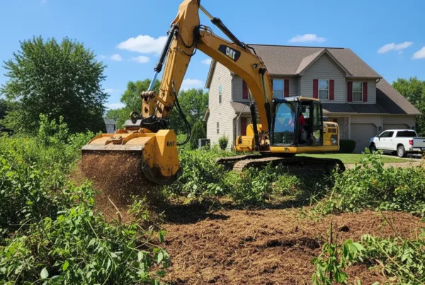 Excavator clearing an overgrown residential lot in Hanover, Ohio with a house behind it.