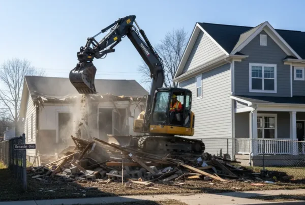 A compact excavator demolishing a house on a narrow lot in Ostrander, Ohio.