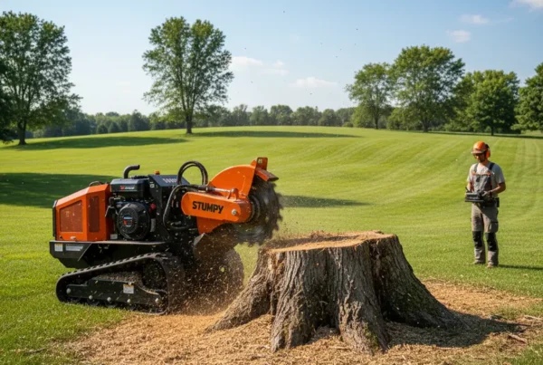 A track-mounted stump grinder removing a large tree stump on a hilly Ohio lawn.