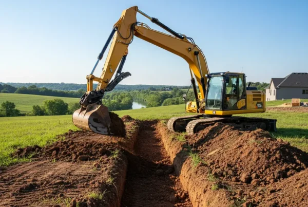 Excavator performing trenching work on a property near the Olentangy River in Delaware County.