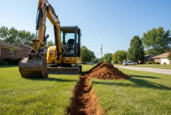 Mini-excavator digging a utility trench in a Central Ohio lawn for a project.