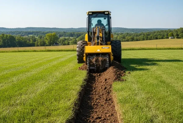 Trenching machine digging a utility line trench on a property with rolling hills.