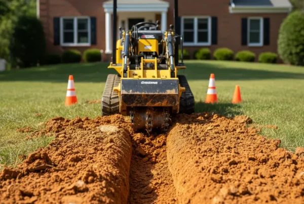 Trenching machine digging a utility line in heavy clay soil in Franklin County, Ohio.