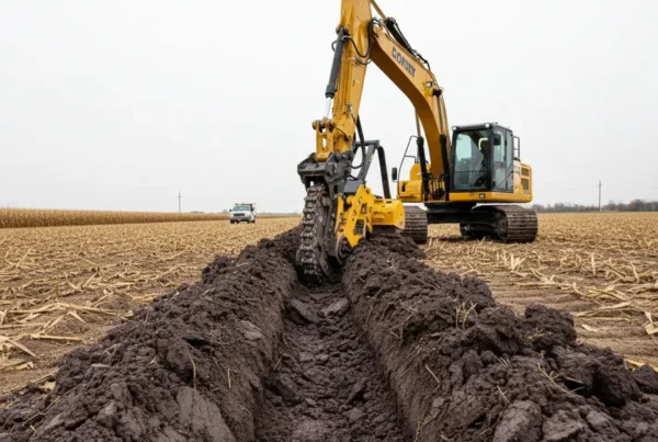 Excavator digging a utility trench in the heavy, saturated clay soil of Union County.