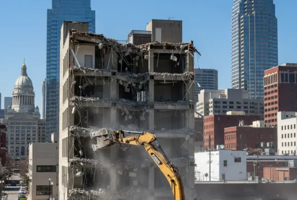 Excavator carefully demolishing a commercial building in a dense Franklin County, Ohio urban setting.