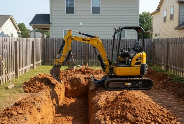 A mini-excavator digging a foundation with clay soil on a tight urban lot.
