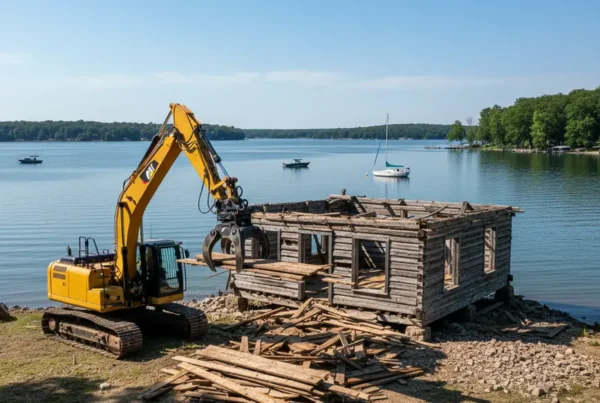 Excavator carefully demolishing an old lakeside cabin at Buckeye Lake, Ohio.