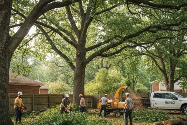 Professional crew performing brush clearing service under mature trees in a Bexley, Ohio backyard.