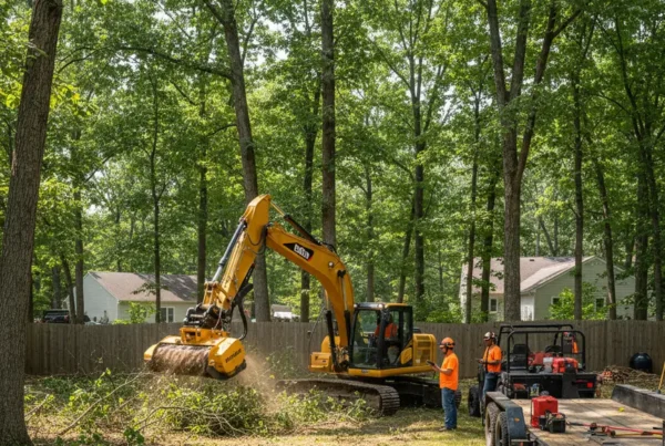 Professional crew performing brush clearing in a wooded residential lot in Magnetic Springs, Ohio.