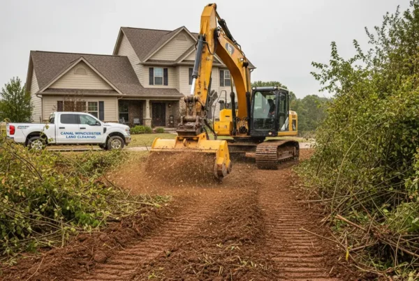 Excavator with a mulching attachment clearing overgrown brush on a residential property.