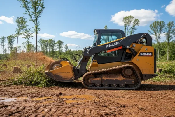 A skid steer with a mulcher clearing overgrown brush and small trees on a residential property.