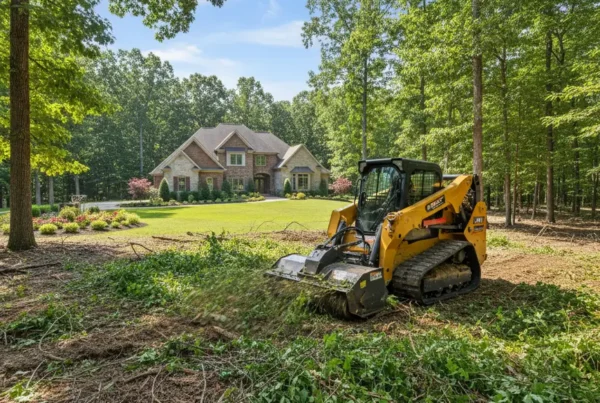 A skid steer clearing dense brush and undergrowth on a residential property in Lithopolis.