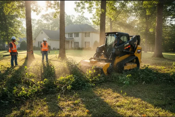 Professional crew using a skid steer for brush clearing on a residential Lewis Center property.