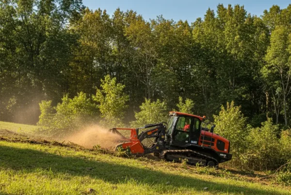 A forestry mulcher clearing overgrown brush on a sunny, rolling hill in Sunbury, Ohio.