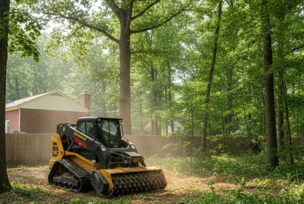 Forestry mulcher clearing dense brush and trees on a residential lot in Baltimore, Ohio.