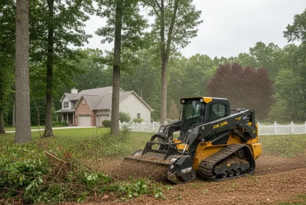 Forestry mulcher clearing dense brush on a residential lot in Johnstown, Ohio.