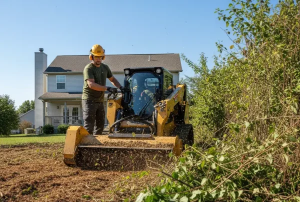 Professional using a skid steer with a brush cutter in an Orange Township backyard.