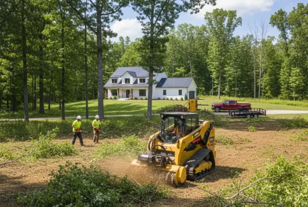 Professional crew using a skid steer for brush clearing on an overgrown lot in Ostrander.