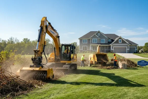 Excavator with mulching head performing brush clearing on a suburban lot in Pickerington, Ohio.