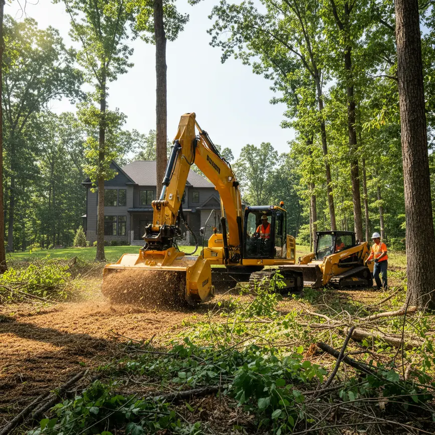 Professional crew using an excavator with a mulcher for brush clearing on a wooded property.