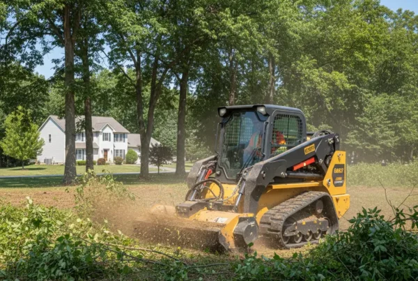 Professional crew performing brush clearing services in a Westerville, Ohio residential yard with machinery.