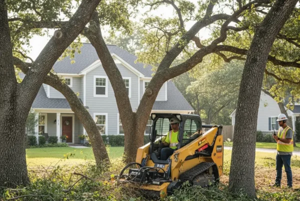 Professional crew using a compact skid-steer for brush clearing on a Worthington residential lot.