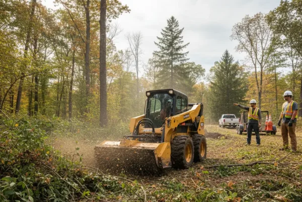 Skid steer with brush cutter attachment clearing dense undergrowth in Magnetic Springs, Ohio.