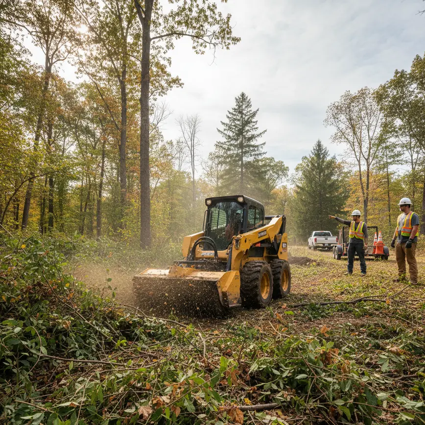 Skid steer with brush cutter attachment clearing dense undergrowth in Magnetic Springs, Ohio.