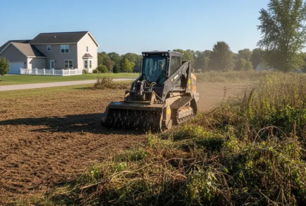 Forestry mulcher clearing dense brush from a flat residential lot in Milford Center.