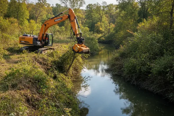 Excavator with a mulcher attachment clearing overgrown brush on a creek bank in Plain City.