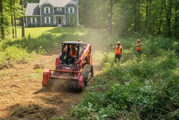 Professional crew performing brush clearing services in an Etna, Ohio wooded backyard.
