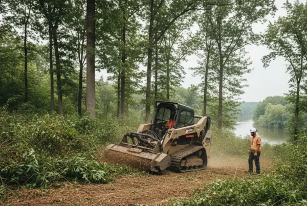 A skid steer with a forestry mulcher attachment clearing dense brush on a property.