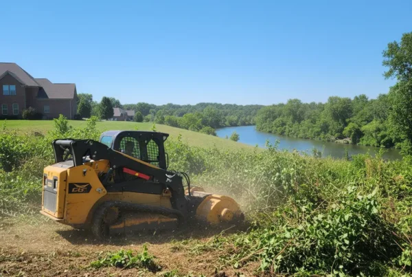 Skid steer with brush cutter attachment clearing overgrown land on a property in Hebron, Ohio.
