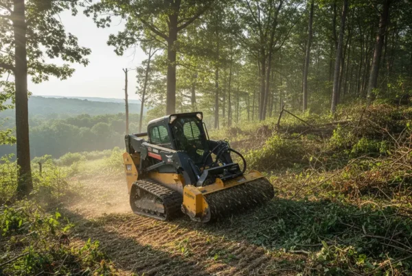 A skid steer with a mulcher attachment clearing dense brush on a wooded property.