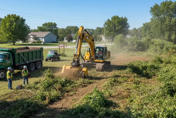 Professional crew using an excavator with a mulching attachment for brush clearing in Richwood.