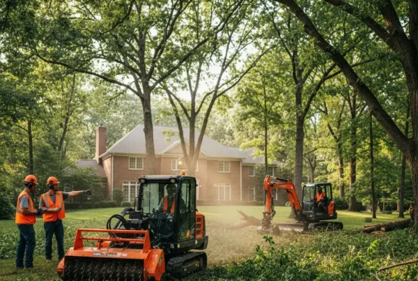 A professional crew operates a forestry mulcher to clear dense brush under mature trees.