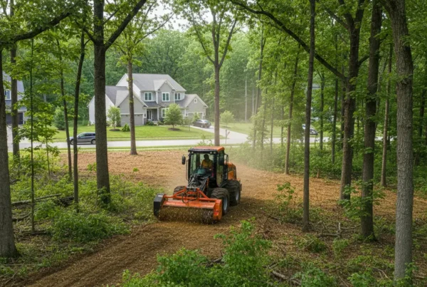 A forestry mulcher clearing thick brush and trees on a wooded residential property in Westerville North.