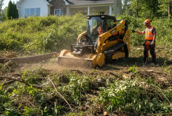 Professional crew using a forestry mulcher for brush clearing on a steep Lancaster hillside.