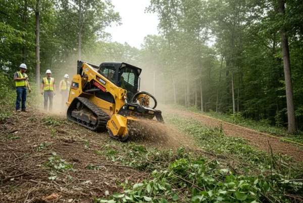 A professional crew using a forestry mulcher for brush clearing on a steep lot.
