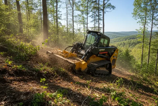 A track loader with a brush cutter clearing overgrowth on a steep hillside in Lancaster.