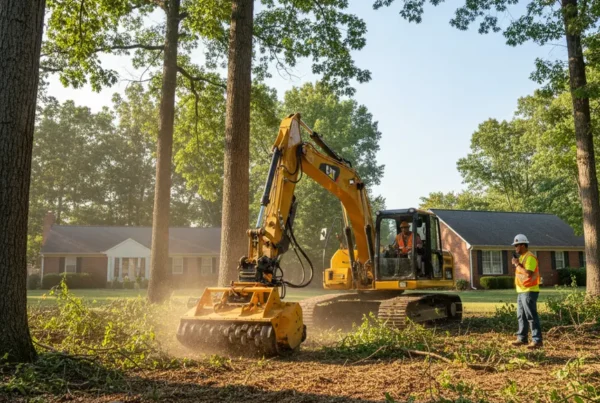 Professional crew performing brush clearing in a wooded Grandview Heights, Ohio residential yard.
