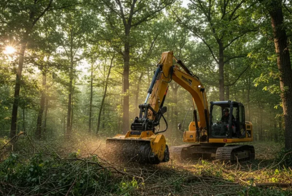 Excavator clearing dense brush and trees on a wooded residential lot in Milford Center.